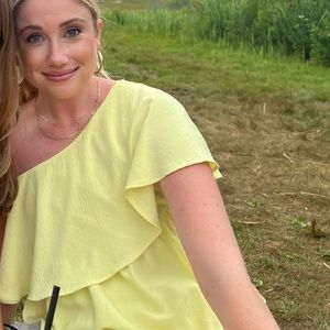 One shoulder yellow tiered mini dress